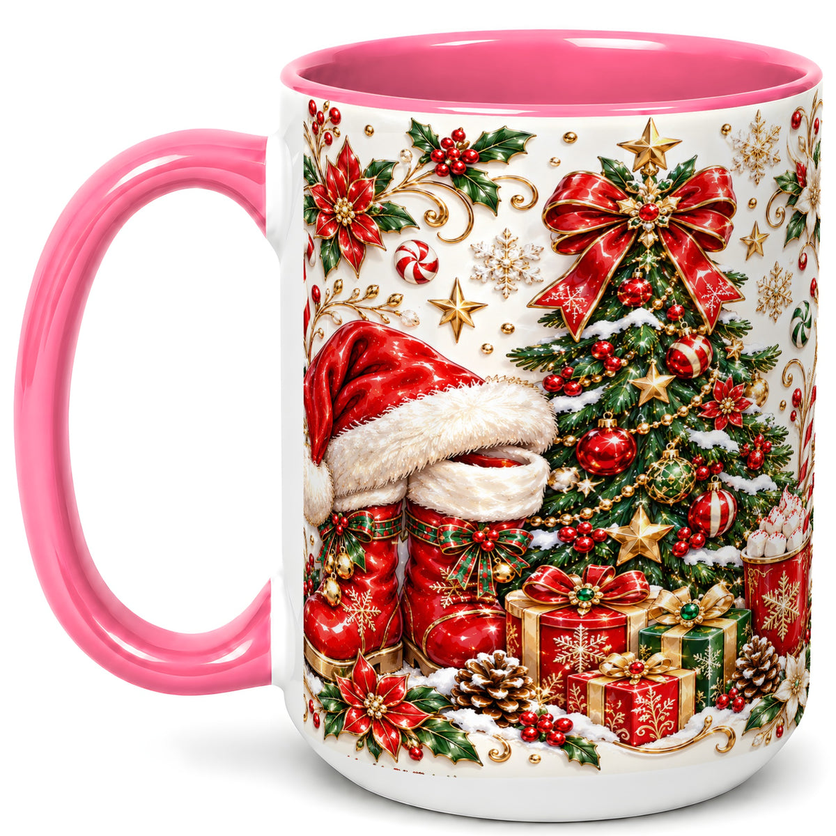 #pl[15oz|Pink] Elegant Christmas Coffee Mug, Santa Boots Holiday Mug, Ceramic Cup