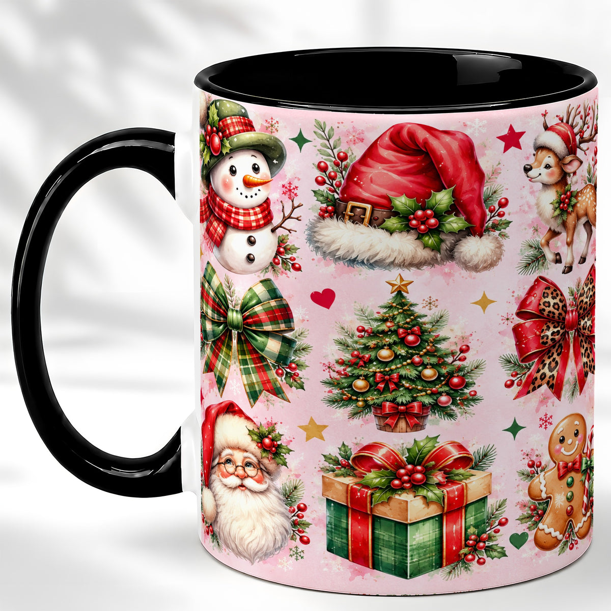 #pl[11oz|Black] Pink Christmas Coffee Mug, Leopard Bow Holiday Mug, Ceramic Cup