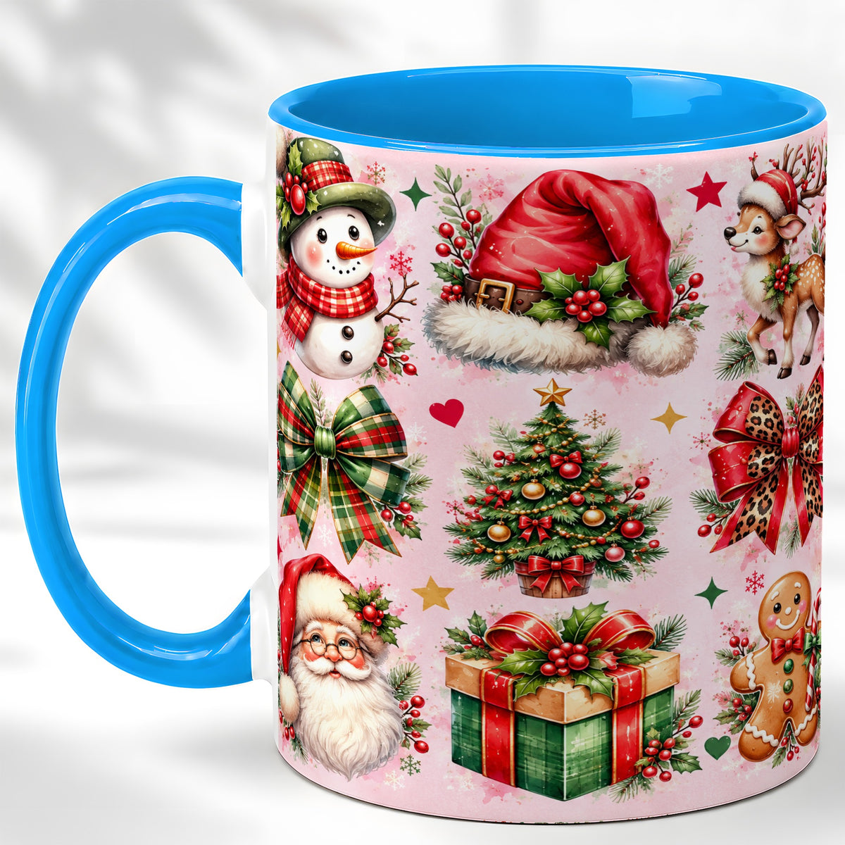 #pl[11oz|Blue] Pink Christmas Coffee Mug, Leopard Bow Holiday Mug, Ceramic Cup