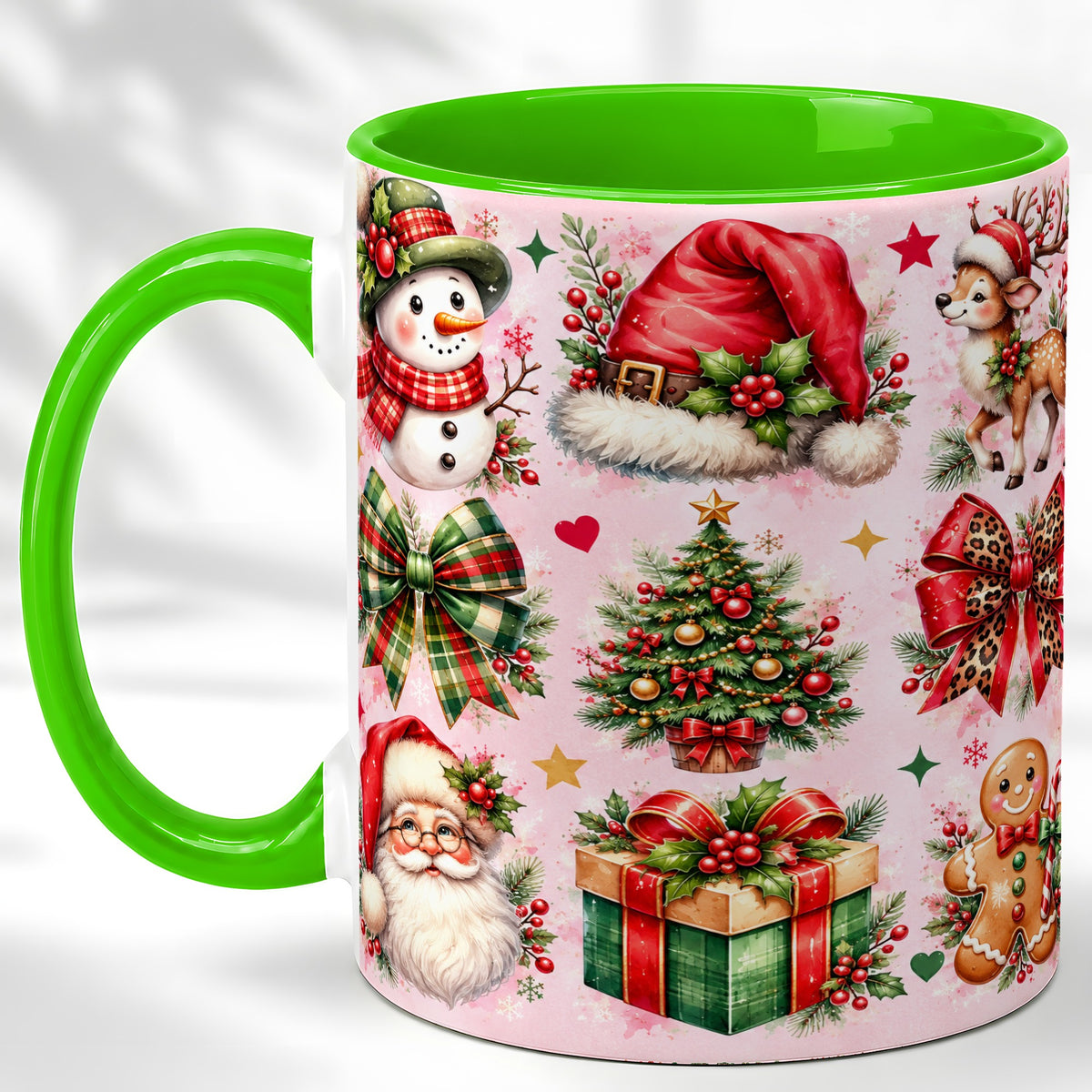 #pl[11oz|Green] Pink Christmas Coffee Mug, Leopard Bow Holiday Mug, Ceramic Cup
