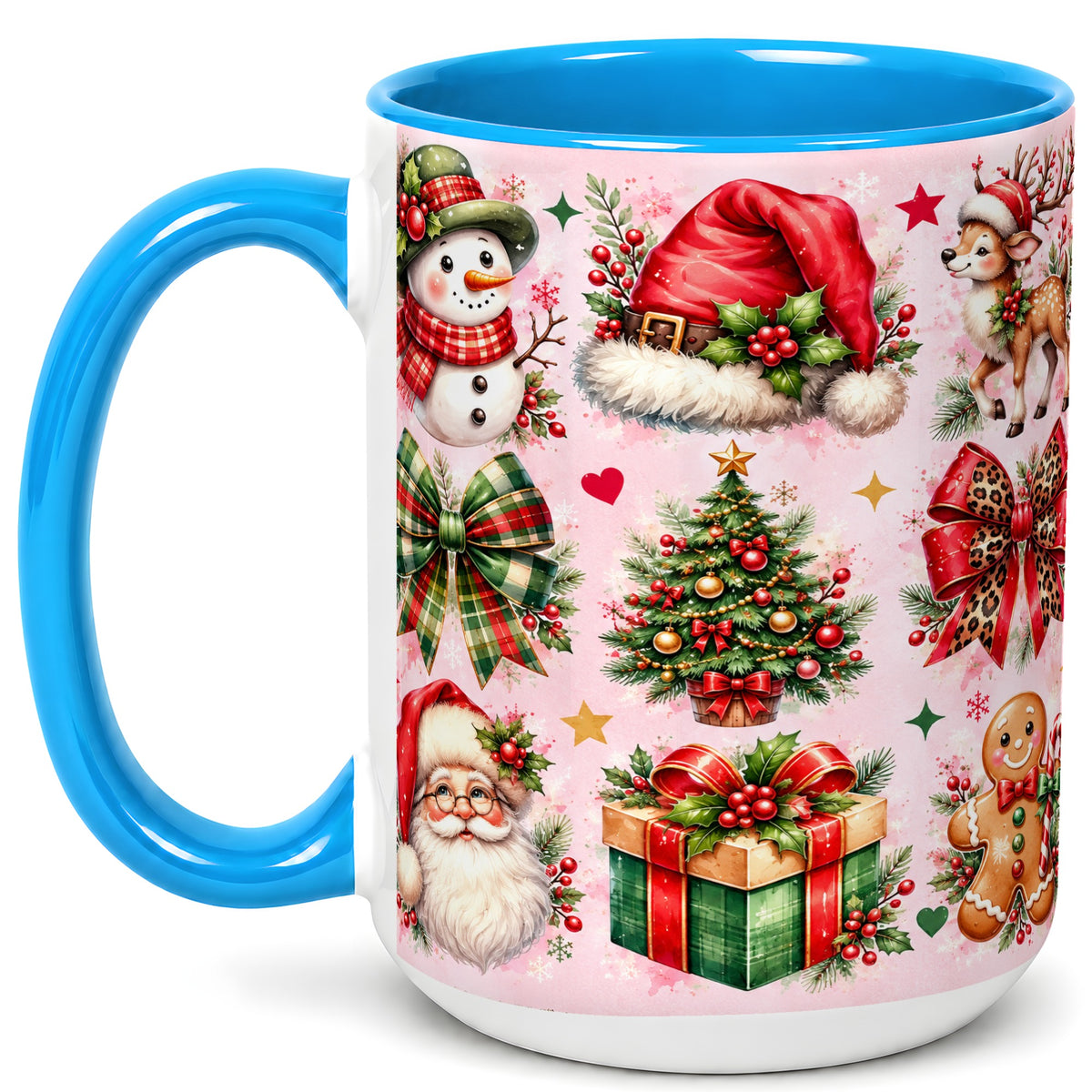 #pl[15oz|Blue] Pink Christmas Coffee Mug, Leopard Bow Holiday Mug, Ceramic Cup