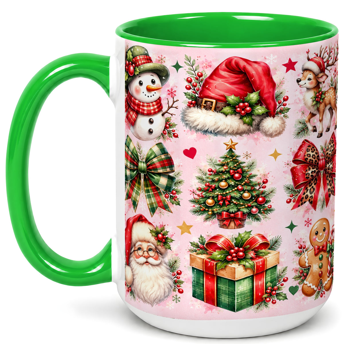 #pl[15oz|Green] Pink Christmas Coffee Mug, Leopard Bow Holiday Mug, Ceramic Cup