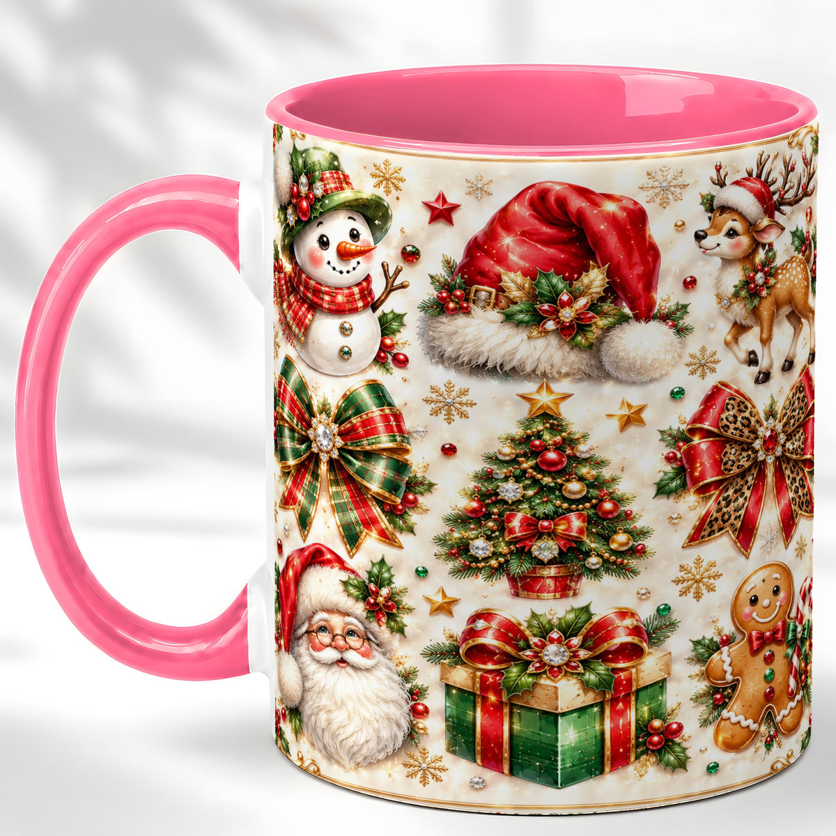 #pl[11oz|Pink] Ornate Christmas Coffee Mug, Leopard Bow Holiday Mug, Ceramic Cup