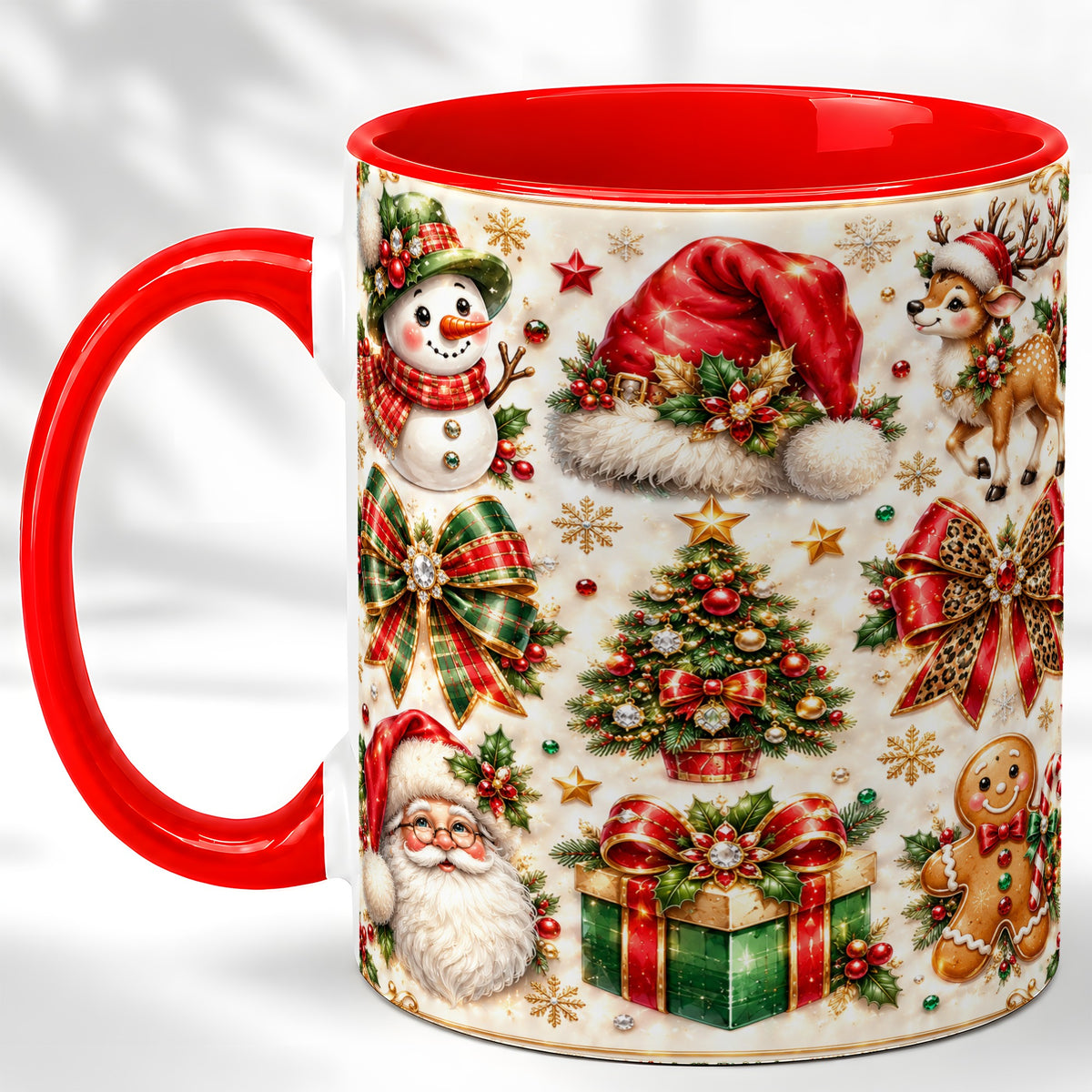 Ornate Christmas Coffee Mug, Leopard Bow Holiday Mug, Ceramic Cup