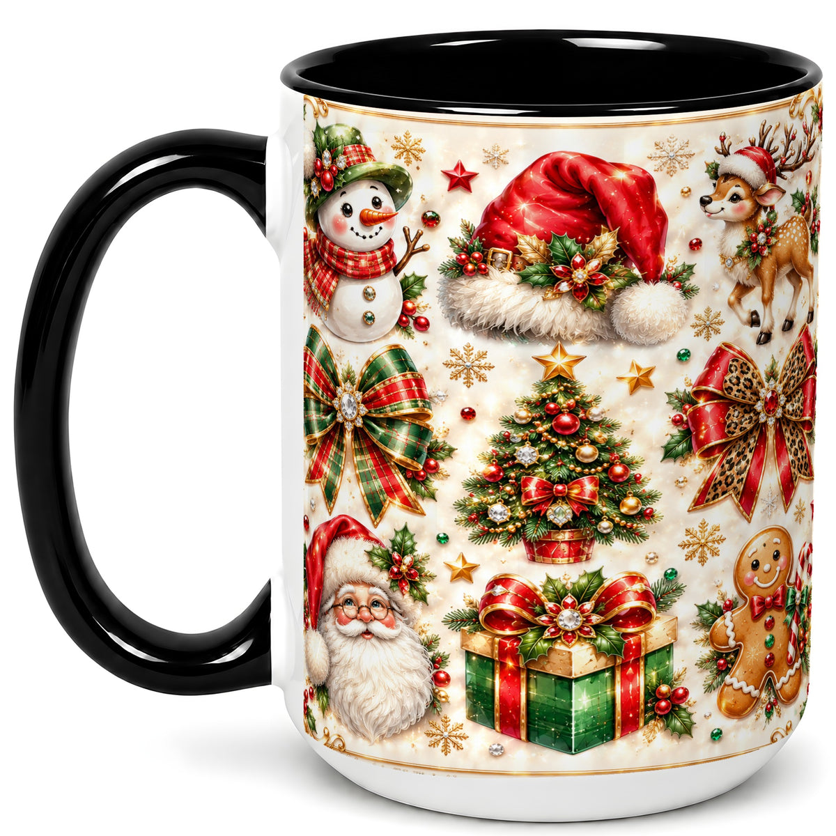 #pl[15oz|Black] Ornate Christmas Coffee Mug, Leopard Bow Holiday Mug, Ceramic Cup