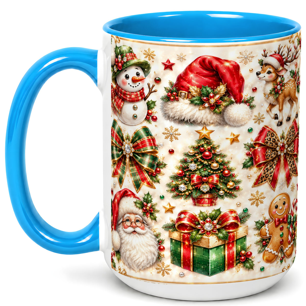 #pl[15oz|Blue] Ornate Christmas Coffee Mug, Leopard Bow Holiday Mug, Ceramic Cup