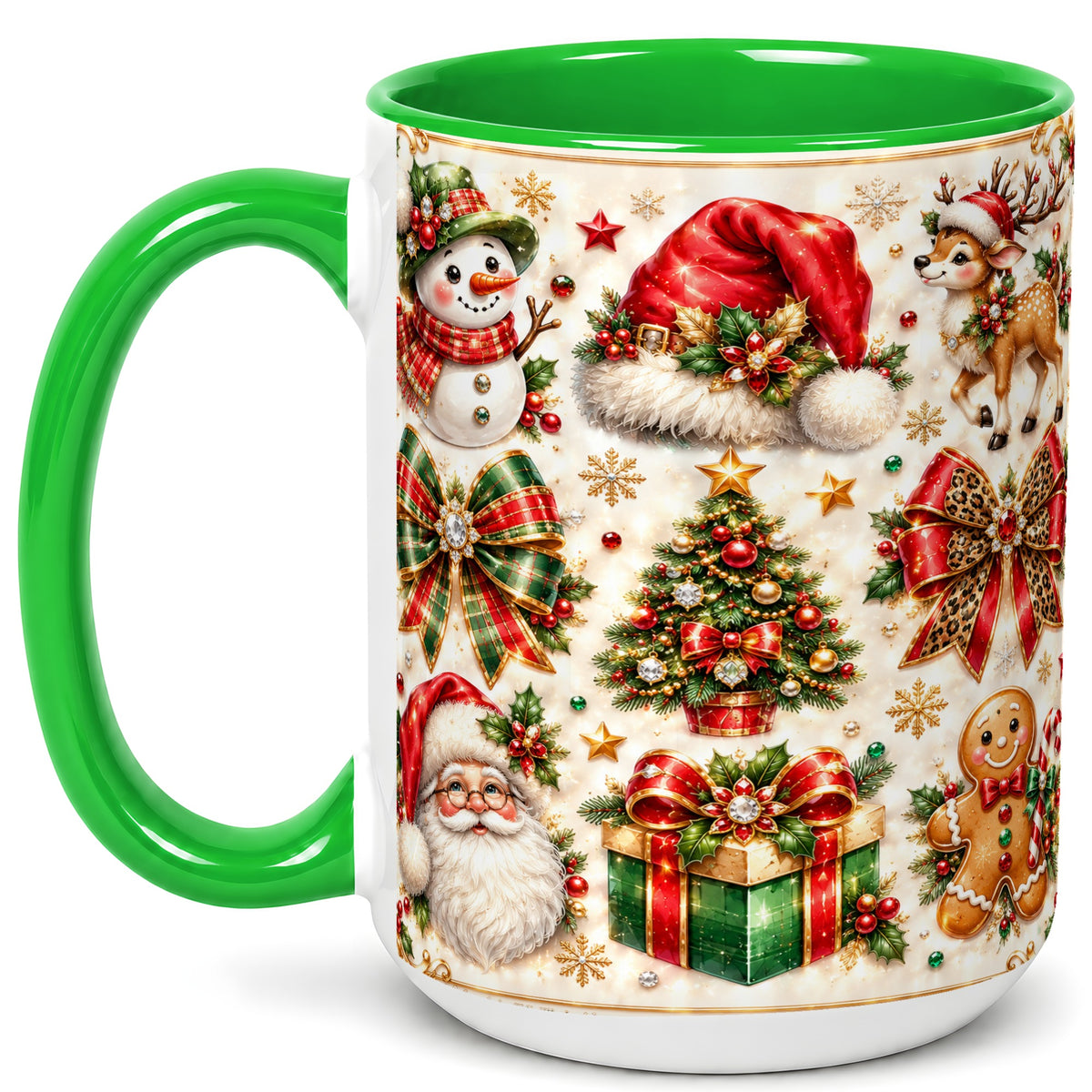#pl[15oz|Green] Ornate Christmas Coffee Mug, Leopard Bow Holiday Mug, Ceramic Cup