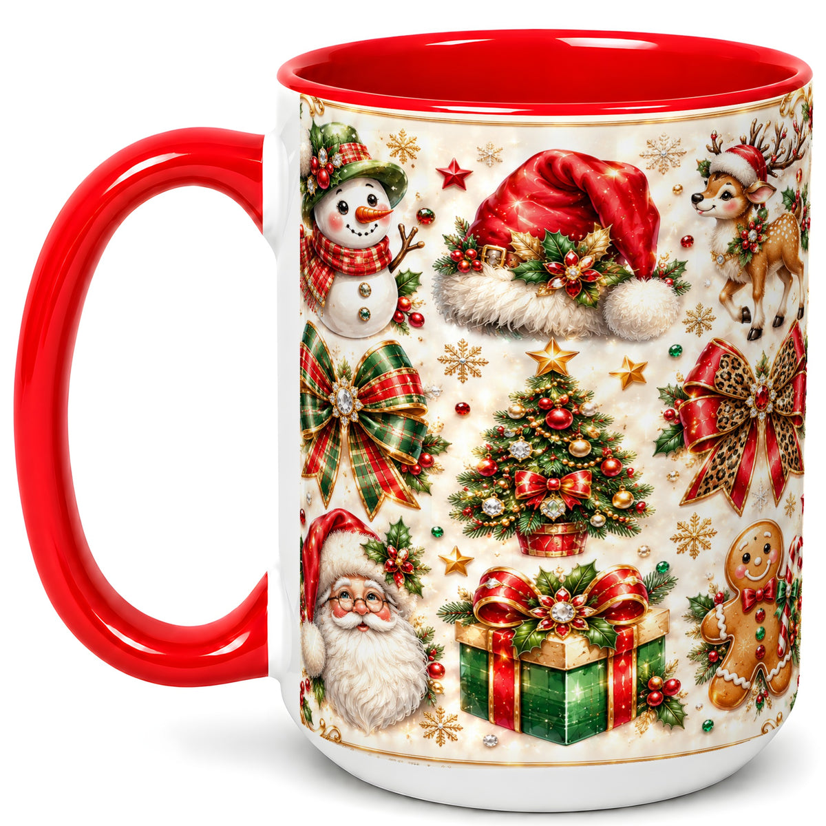 #pl[15oz|Red] Ornate Christmas Coffee Mug, Leopard Bow Holiday Mug, Ceramic Cup
