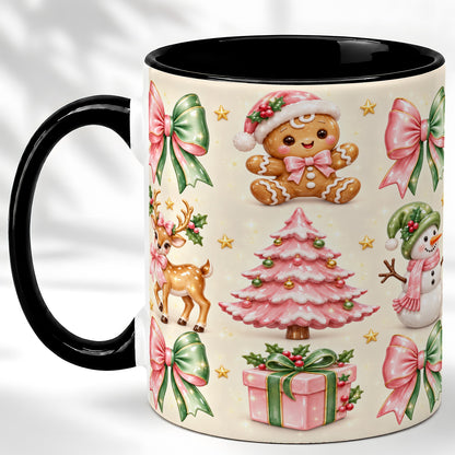 #pl[11oz|Black] Pink Christmas Coffee Mug, Gingerbread Mug, Ceramic Cup