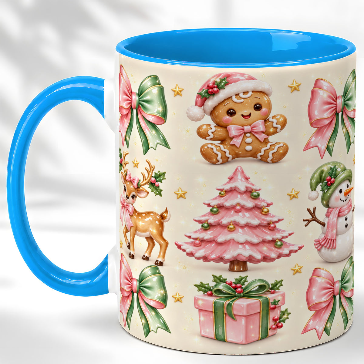 #pl[11oz|Blue] Pink Christmas Coffee Mug, Gingerbread Mug, Ceramic Cup