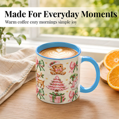 #pl[11oz|Blue] Pink Christmas Coffee Mug, Gingerbread Mug, Ceramic Cup