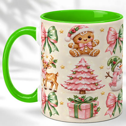 #pl[11oz|Green] Pink Christmas Coffee Mug, Gingerbread Mug, Ceramic Cup