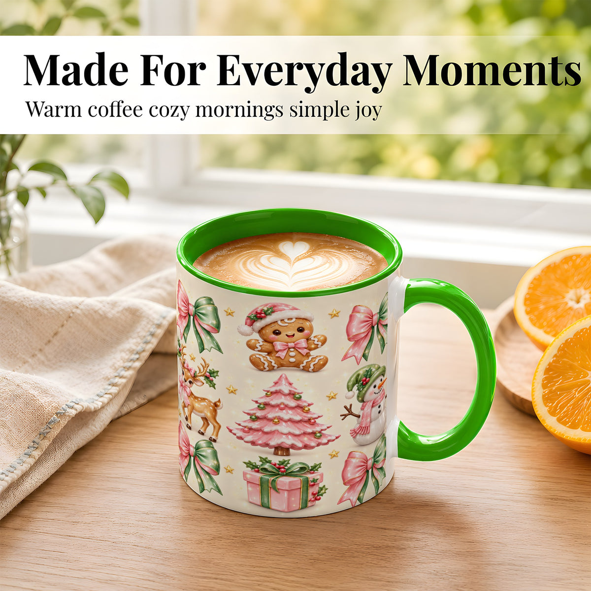 #pl[11oz|Green] Pink Christmas Coffee Mug, Gingerbread Mug, Ceramic Cup
