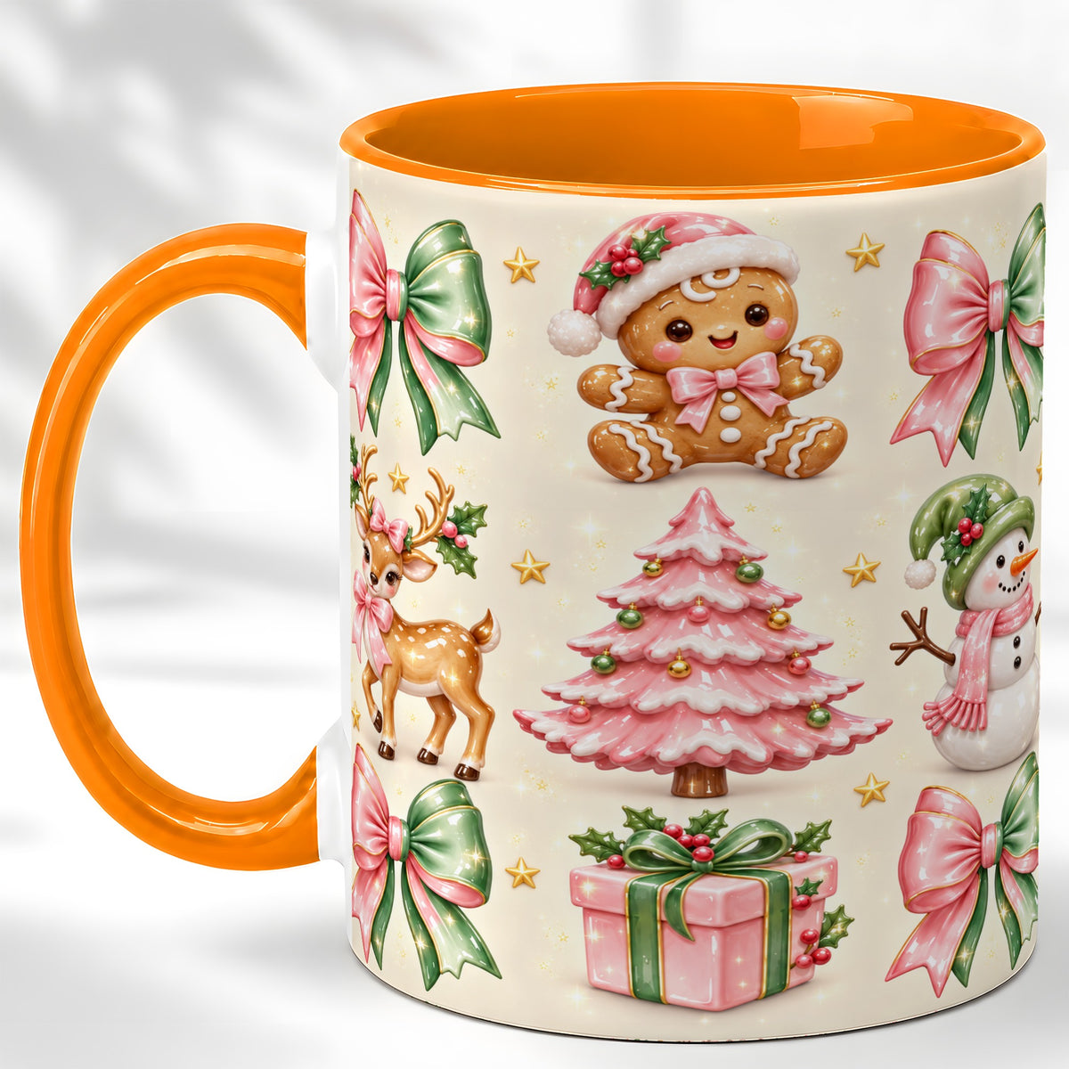 #pl[11oz|Orange] Pink Christmas Coffee Mug, Gingerbread Mug, Ceramic Cup