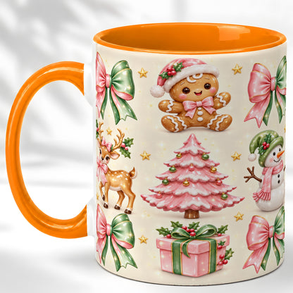 #pl[11oz|Orange] Pink Christmas Coffee Mug, Gingerbread Mug, Ceramic Cup