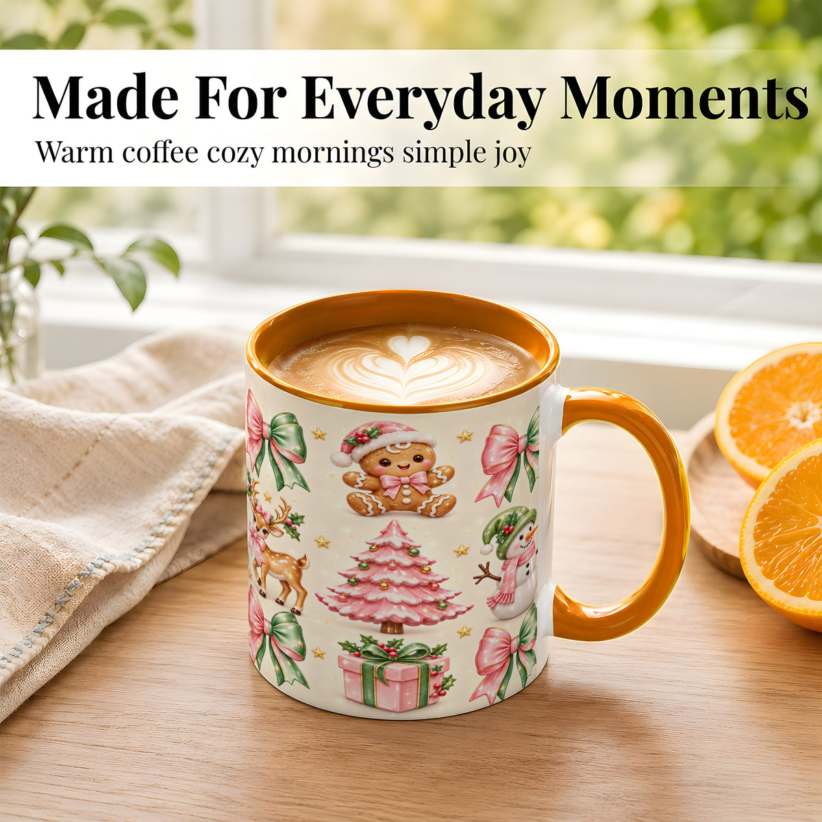 #pl[11oz|Orange] Pink Christmas Coffee Mug, Gingerbread Mug, Ceramic Cup