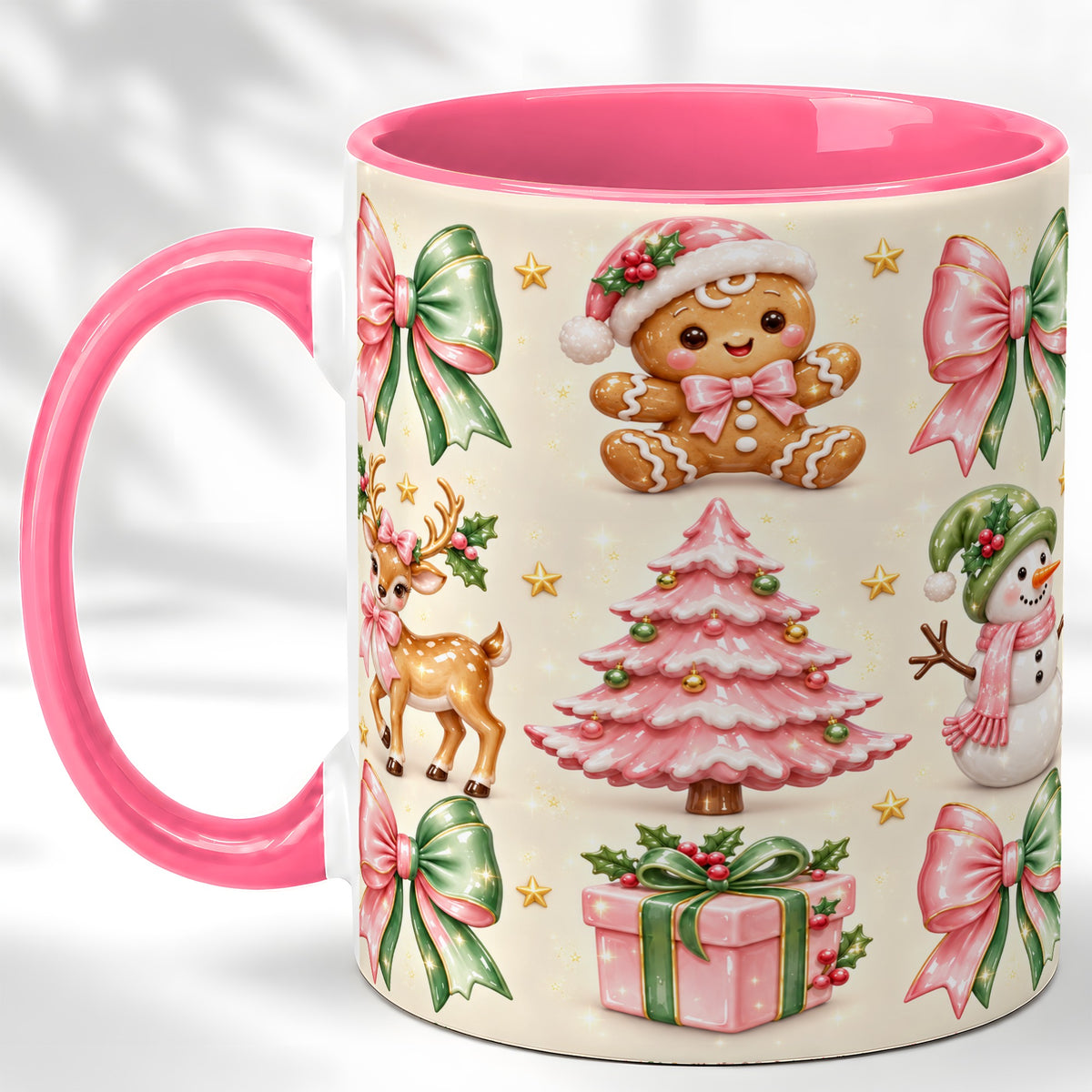 #pl[11oz|Pink] Pink Christmas Coffee Mug, Gingerbread Mug, Ceramic Cup