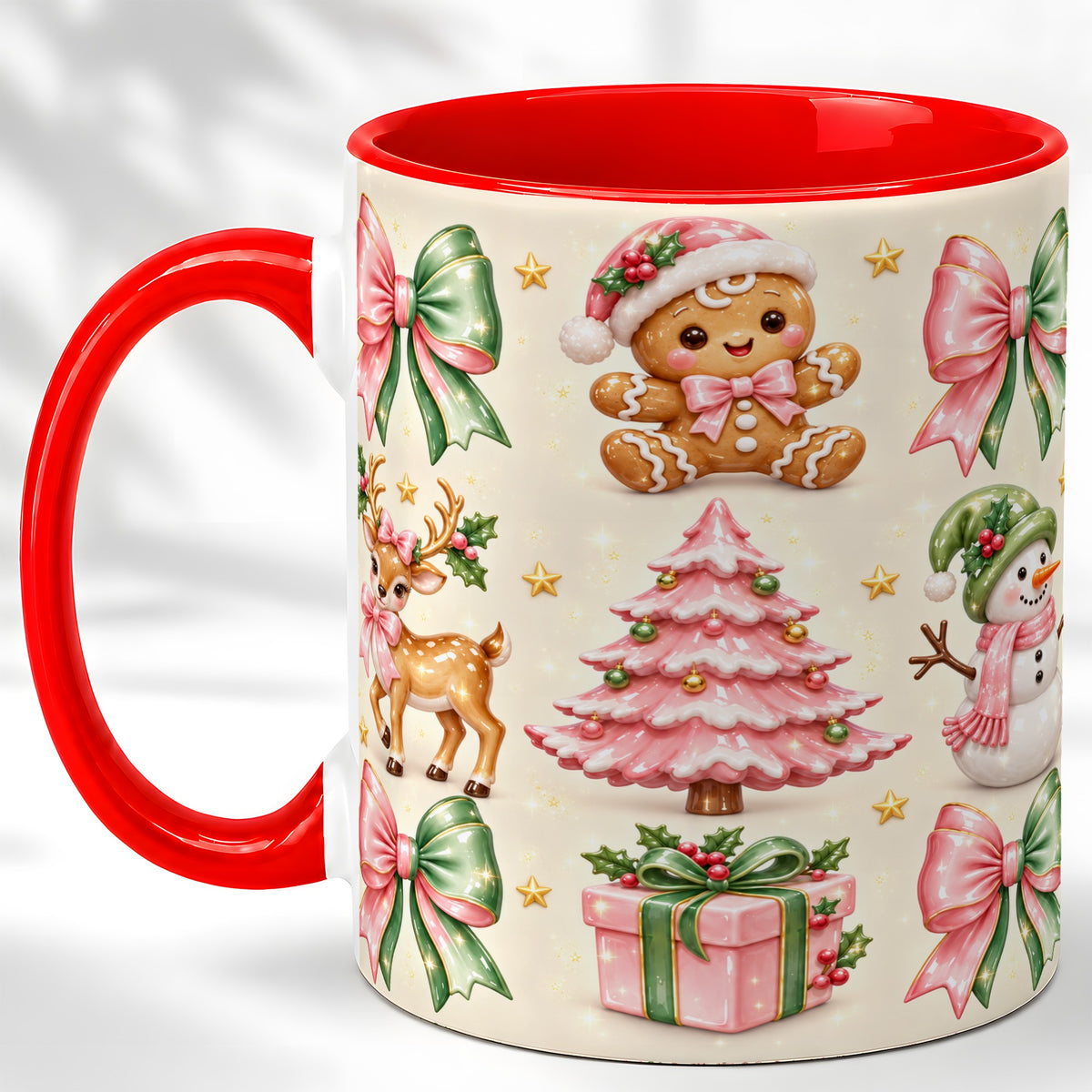 Pink Christmas Coffee Mug, Gingerbread Mug, Ceramic Cup