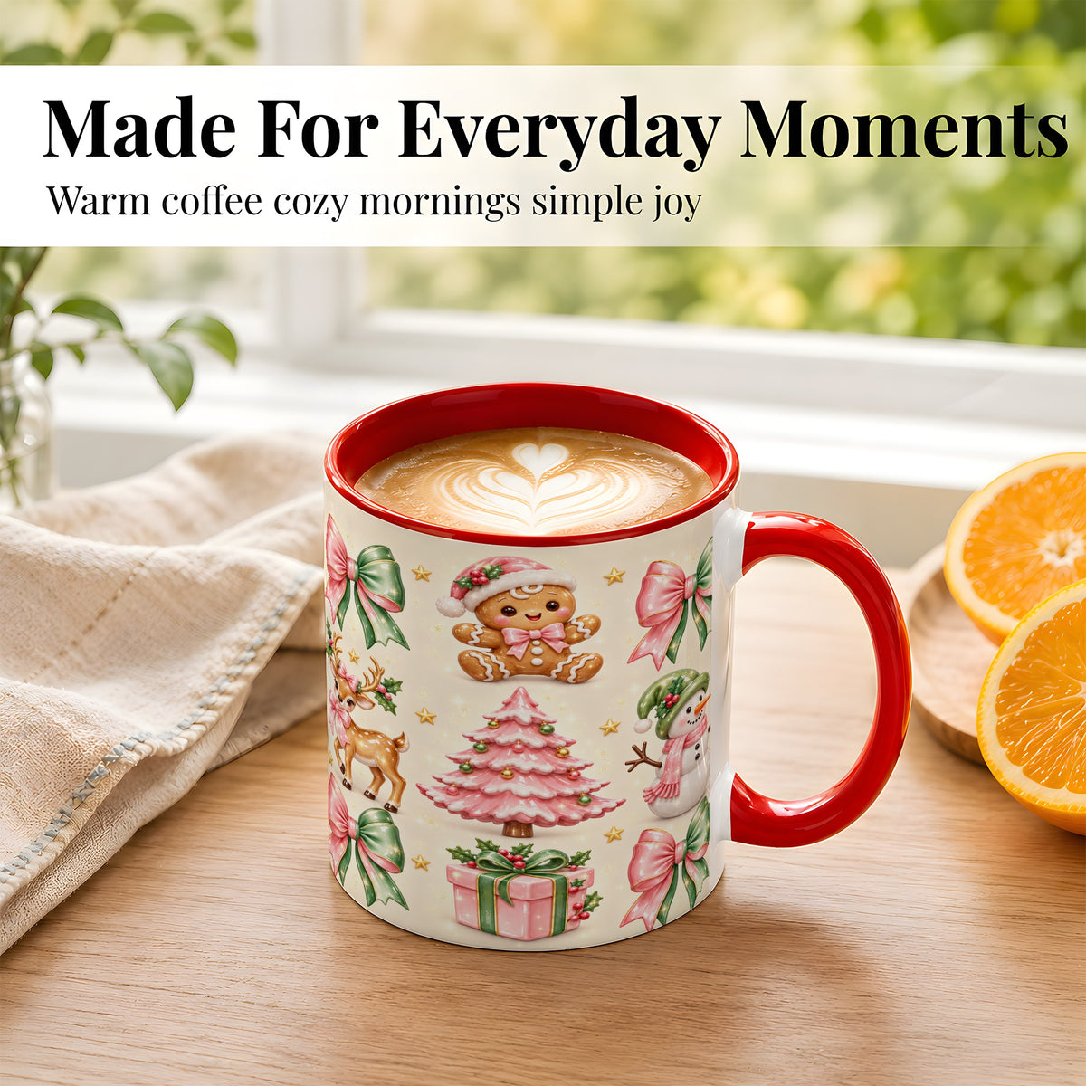 #pl[11oz|Red] Pink Christmas Coffee Mug, Gingerbread Mug, Ceramic Cup