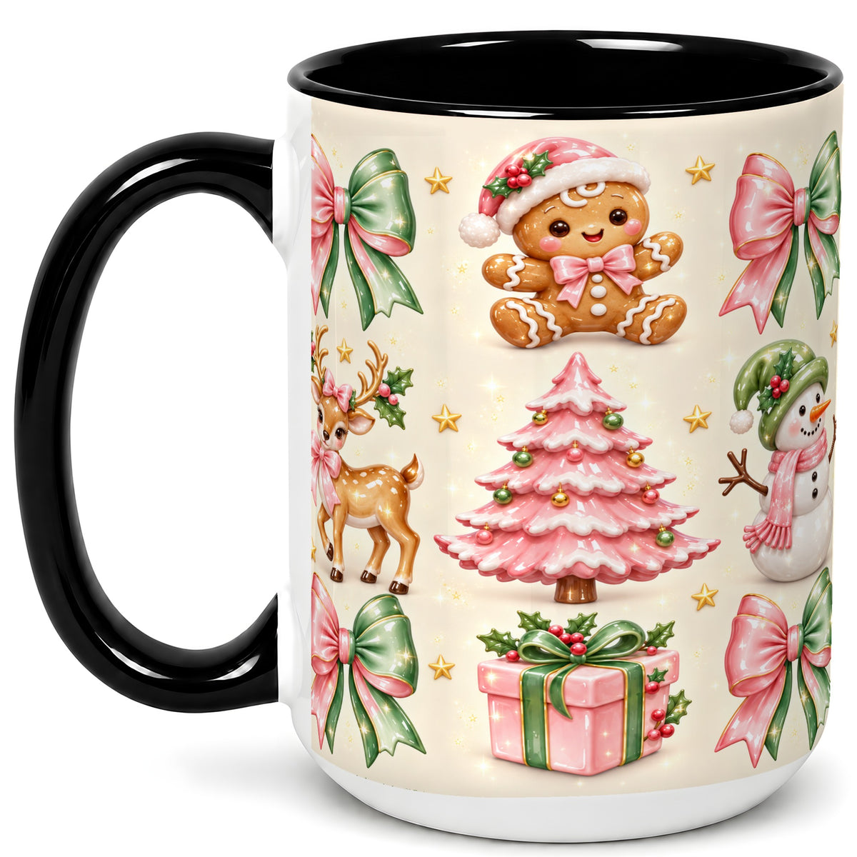#pl[15oz|Black] Pink Christmas Coffee Mug, Gingerbread Mug, Ceramic Cup