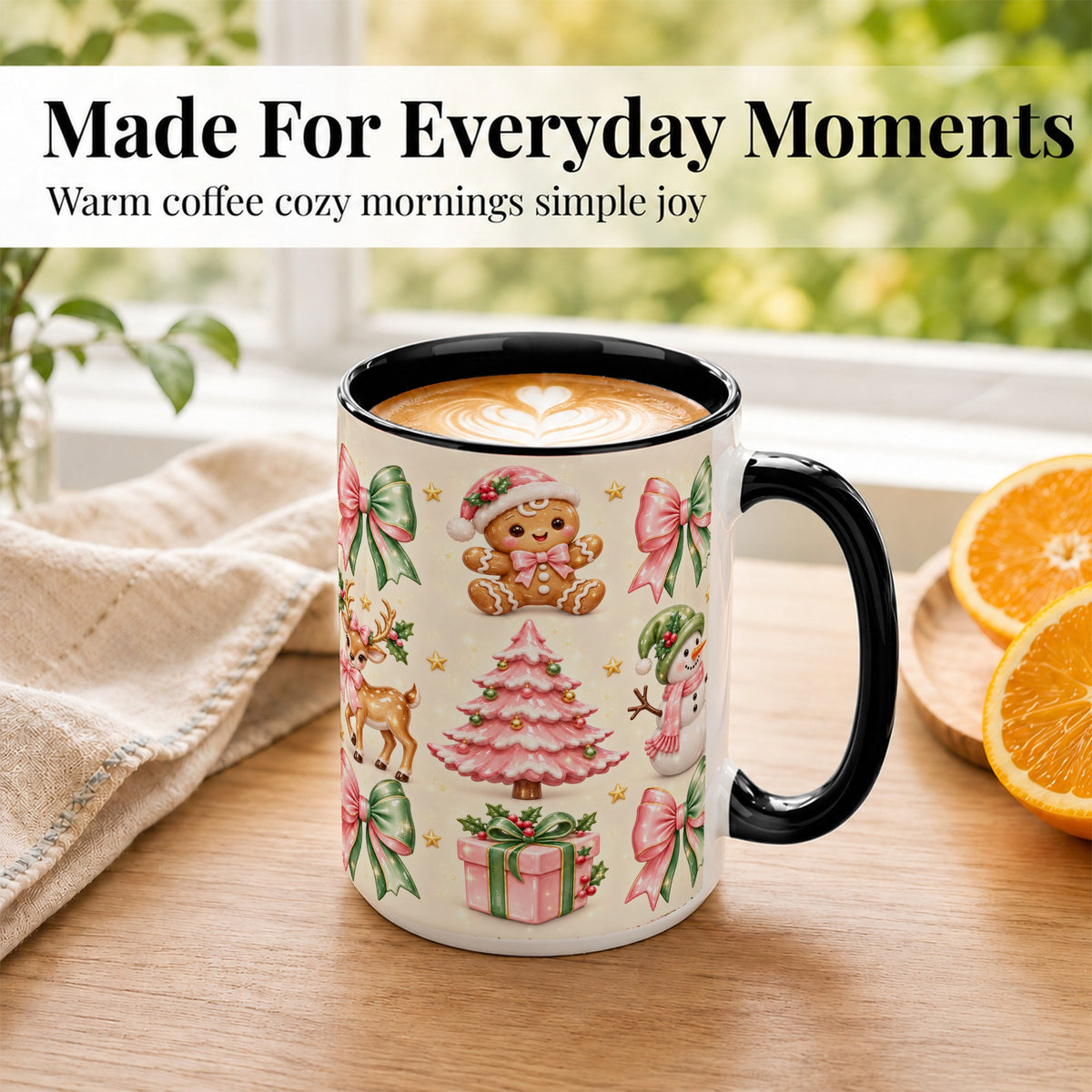 #pl[15oz|Black] Pink Christmas Coffee Mug, Gingerbread Mug, Ceramic Cup
