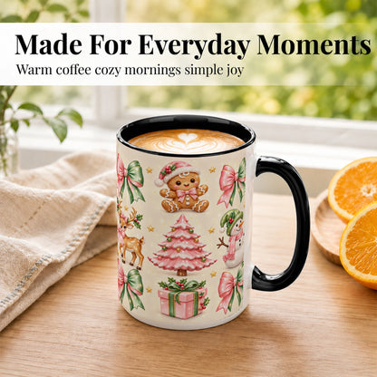 #pl[15oz|Black] Pink Christmas Coffee Mug, Gingerbread Mug, Ceramic Cup