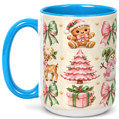#pl[15oz|Blue] Pink Christmas Coffee Mug, Gingerbread Mug, Ceramic Cup