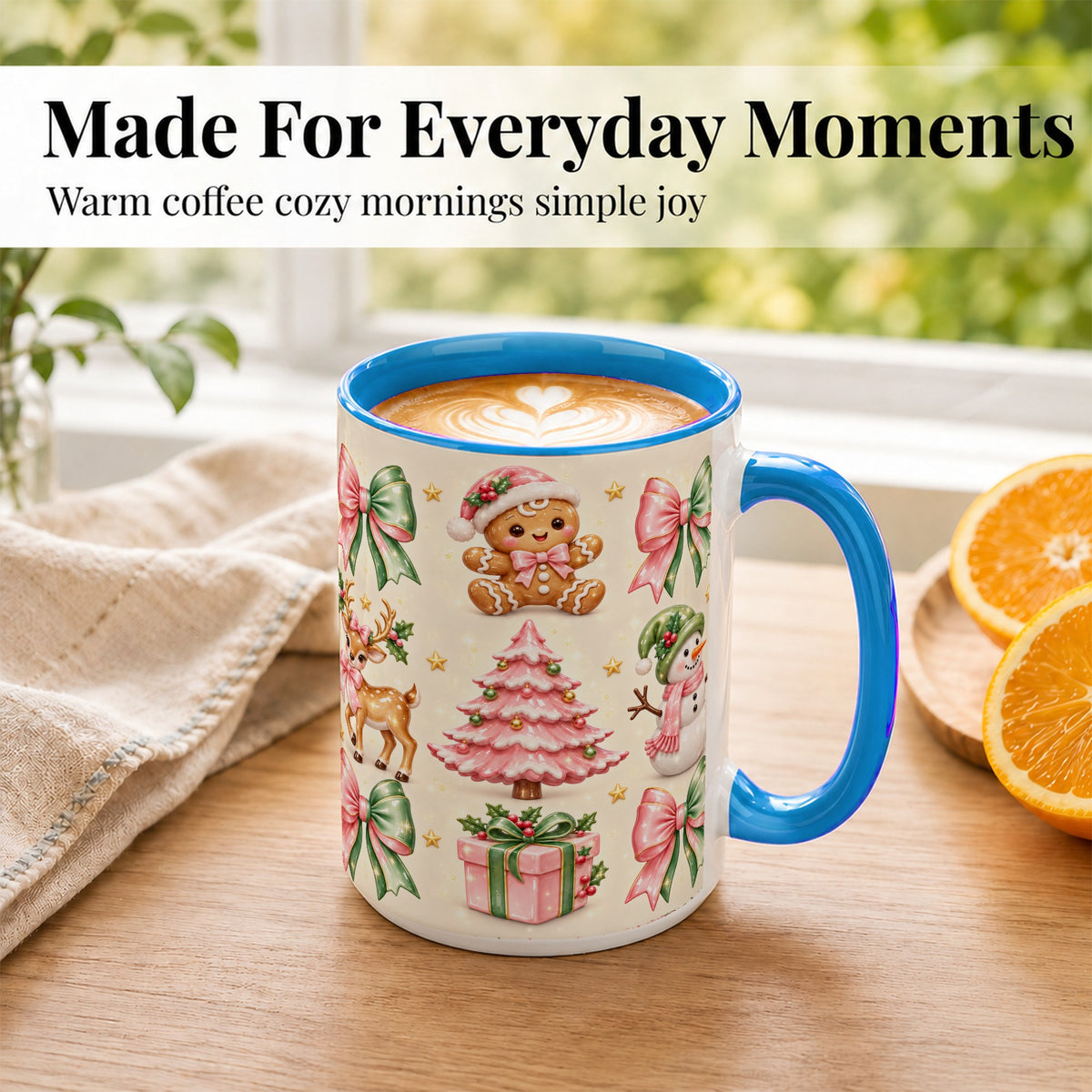 #pl[15oz|Blue] Pink Christmas Coffee Mug, Gingerbread Mug, Ceramic Cup