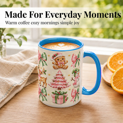 #pl[15oz|Blue] Pink Christmas Coffee Mug, Gingerbread Mug, Ceramic Cup