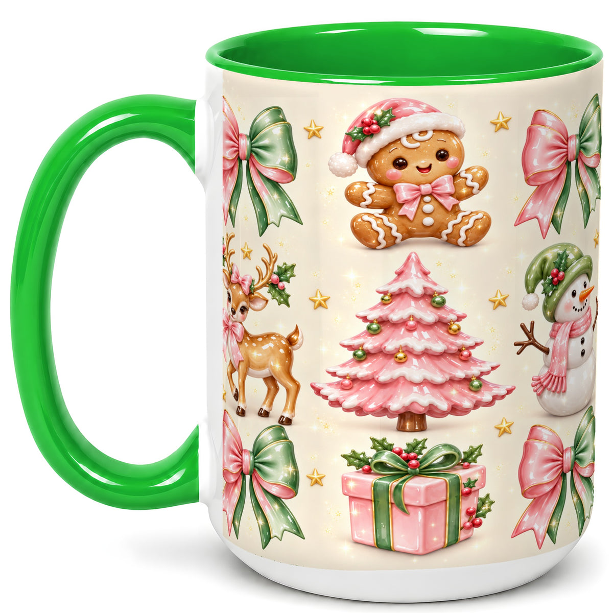 #pl[15oz|Green] Pink Christmas Coffee Mug, Gingerbread Mug, Ceramic Cup