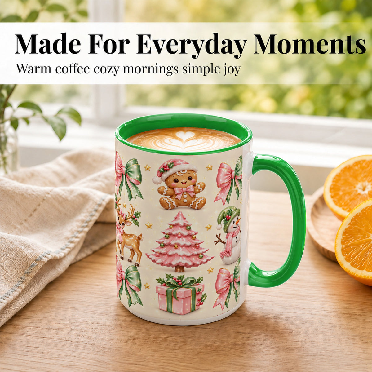 #pl[15oz|Green] Pink Christmas Coffee Mug, Gingerbread Mug, Ceramic Cup