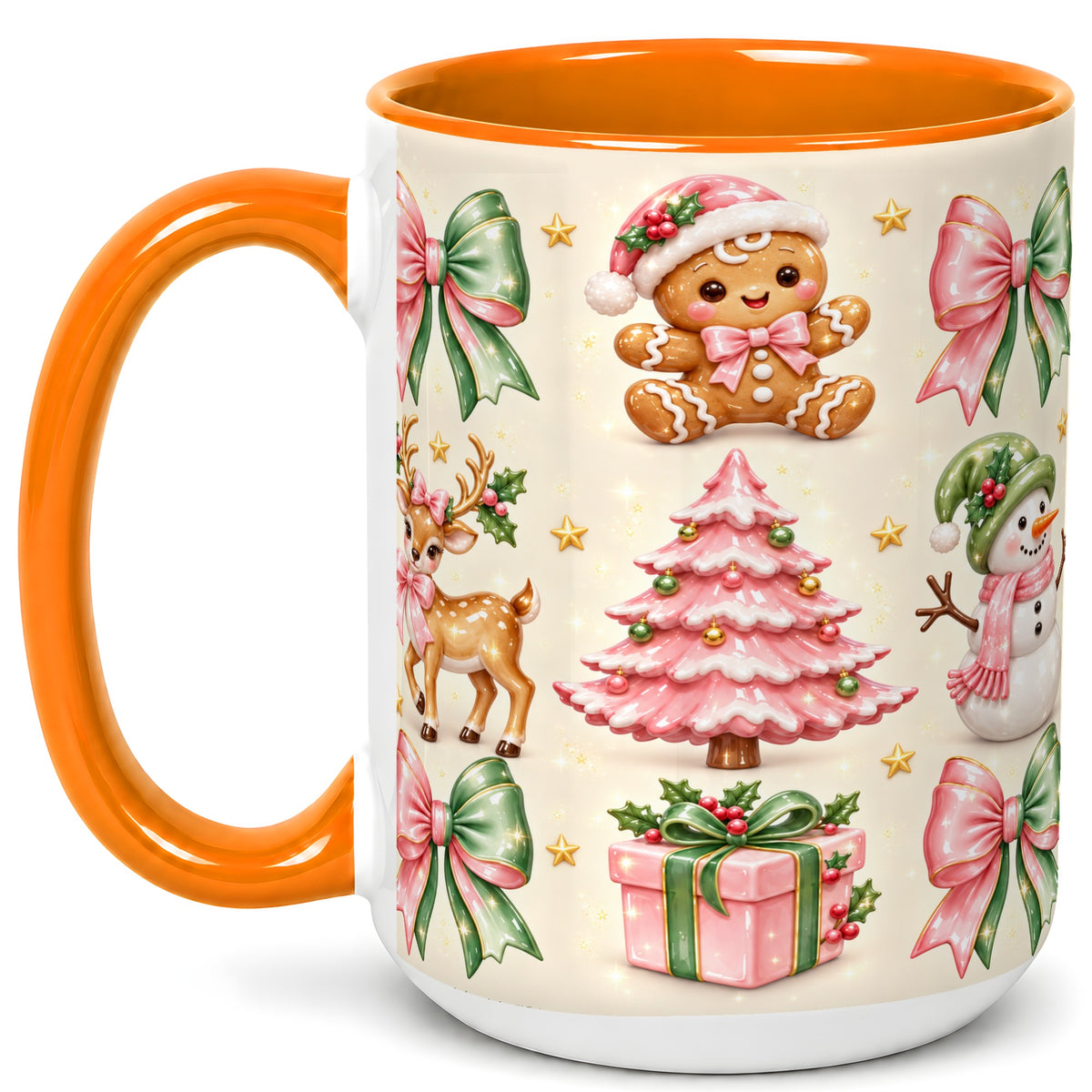 #pl[15oz|Orange] Pink Christmas Coffee Mug, Gingerbread Mug, Ceramic Cup