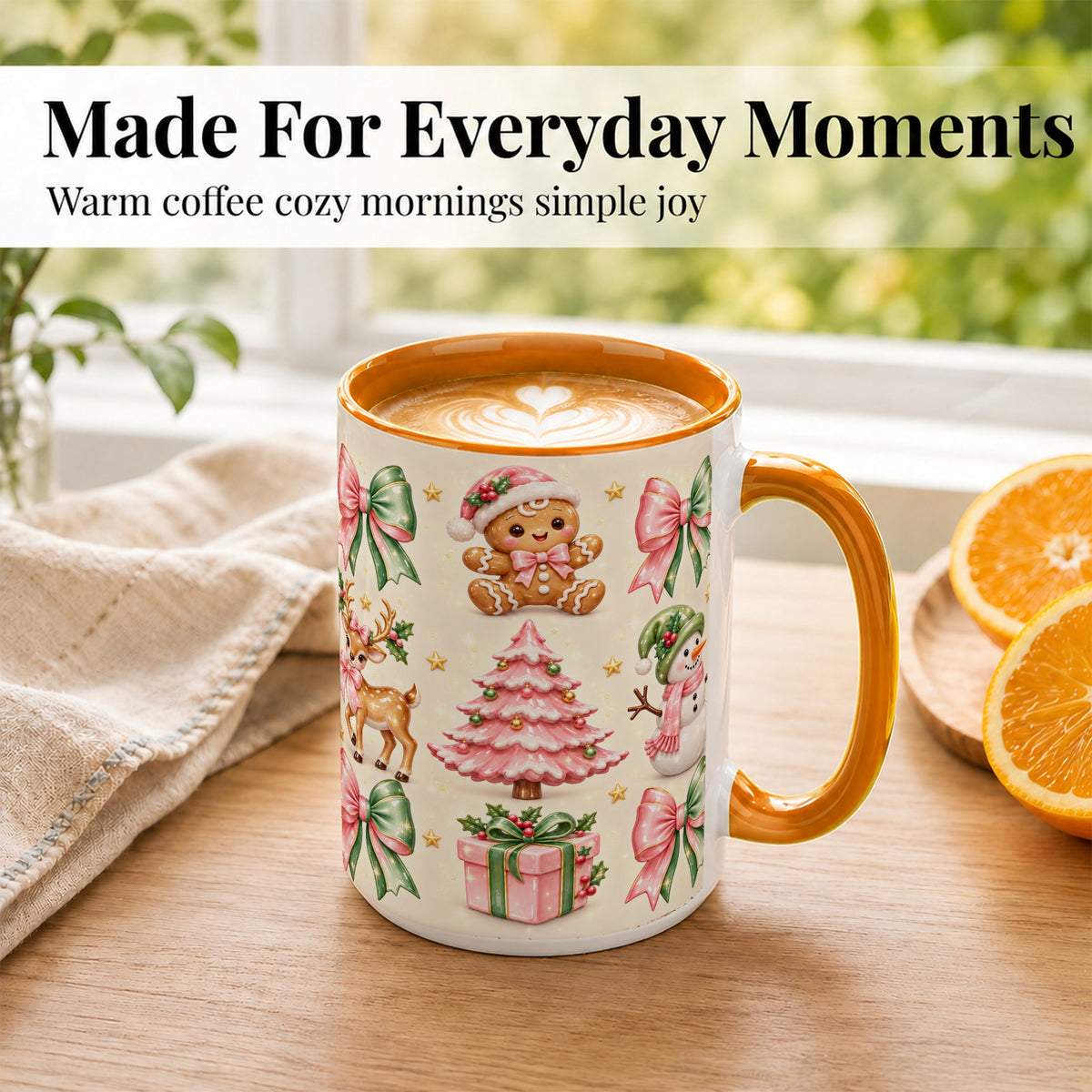 #pl[15oz|Orange] Pink Christmas Coffee Mug, Gingerbread Mug, Ceramic Cup