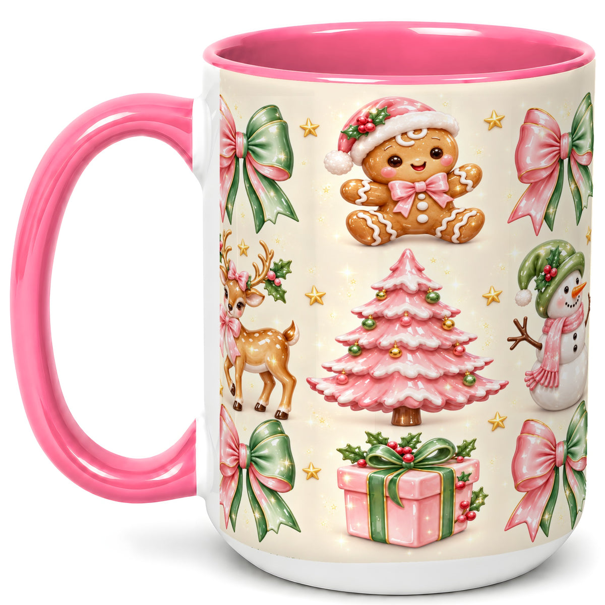 #pl[15oz|Pink] Pink Christmas Coffee Mug, Gingerbread Mug, Ceramic Cup