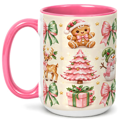 #pl[15oz|Pink] Pink Christmas Coffee Mug, Gingerbread Mug, Ceramic Cup