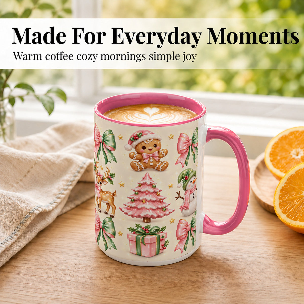 #pl[15oz|Pink] Pink Christmas Coffee Mug, Gingerbread Mug, Ceramic Cup