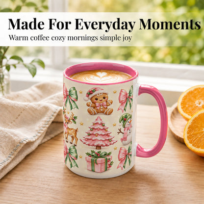 #pl[15oz|Pink] Pink Christmas Coffee Mug, Gingerbread Mug, Ceramic Cup