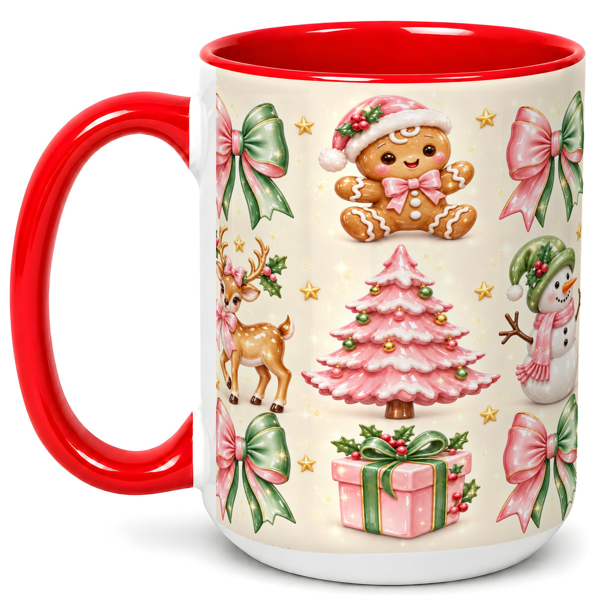 #pl[15oz|Red] Pink Christmas Coffee Mug, Gingerbread Mug, Ceramic Cup