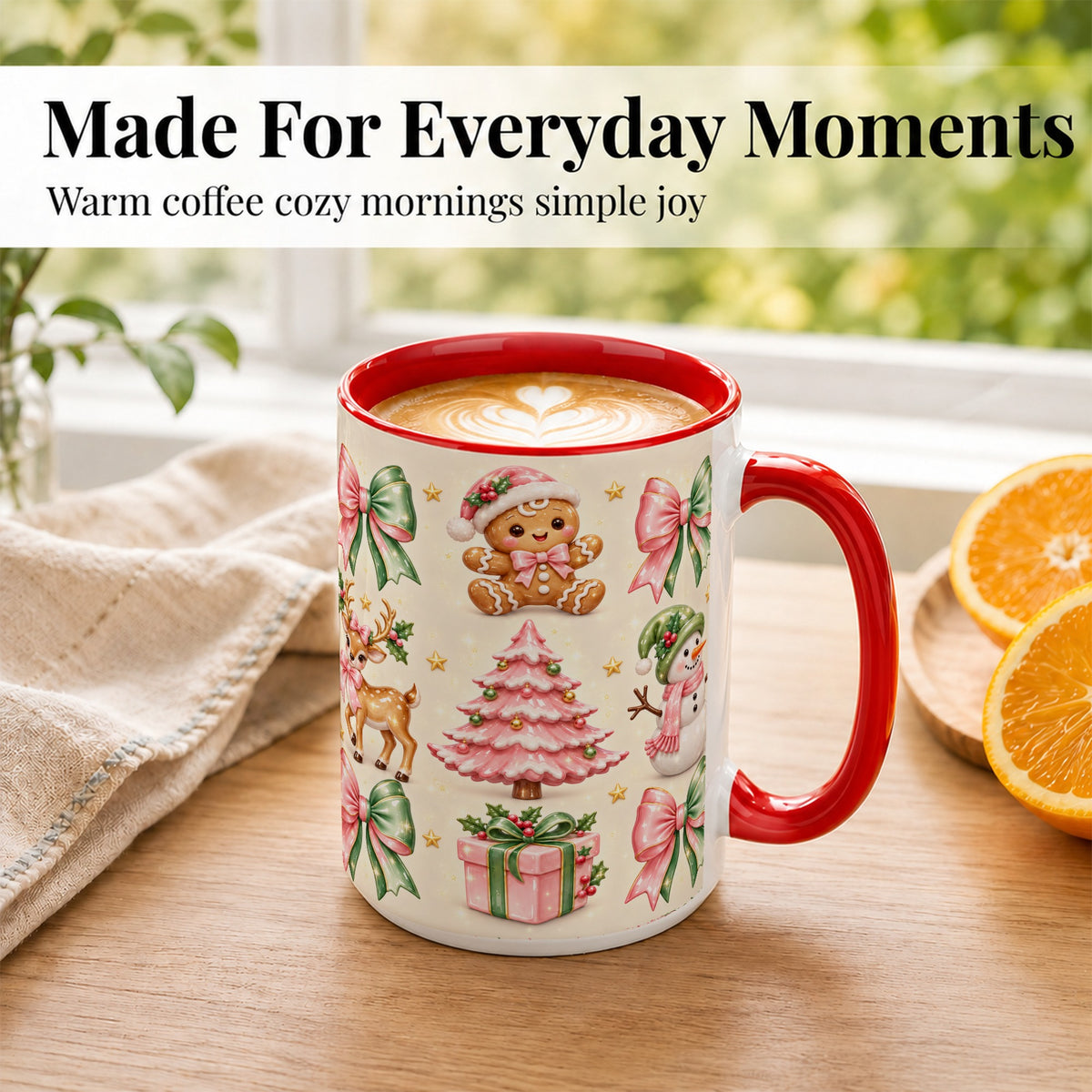 #pl[15oz|Red] Pink Christmas Coffee Mug, Gingerbread Mug, Ceramic Cup