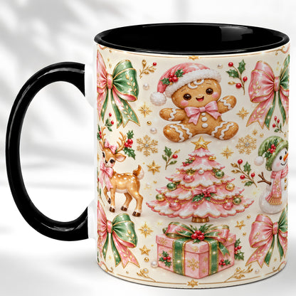 #pl[11oz|Black] Pink Christmas Coffee Mug, Festive Gingerbread Mug, Ceramic Cup