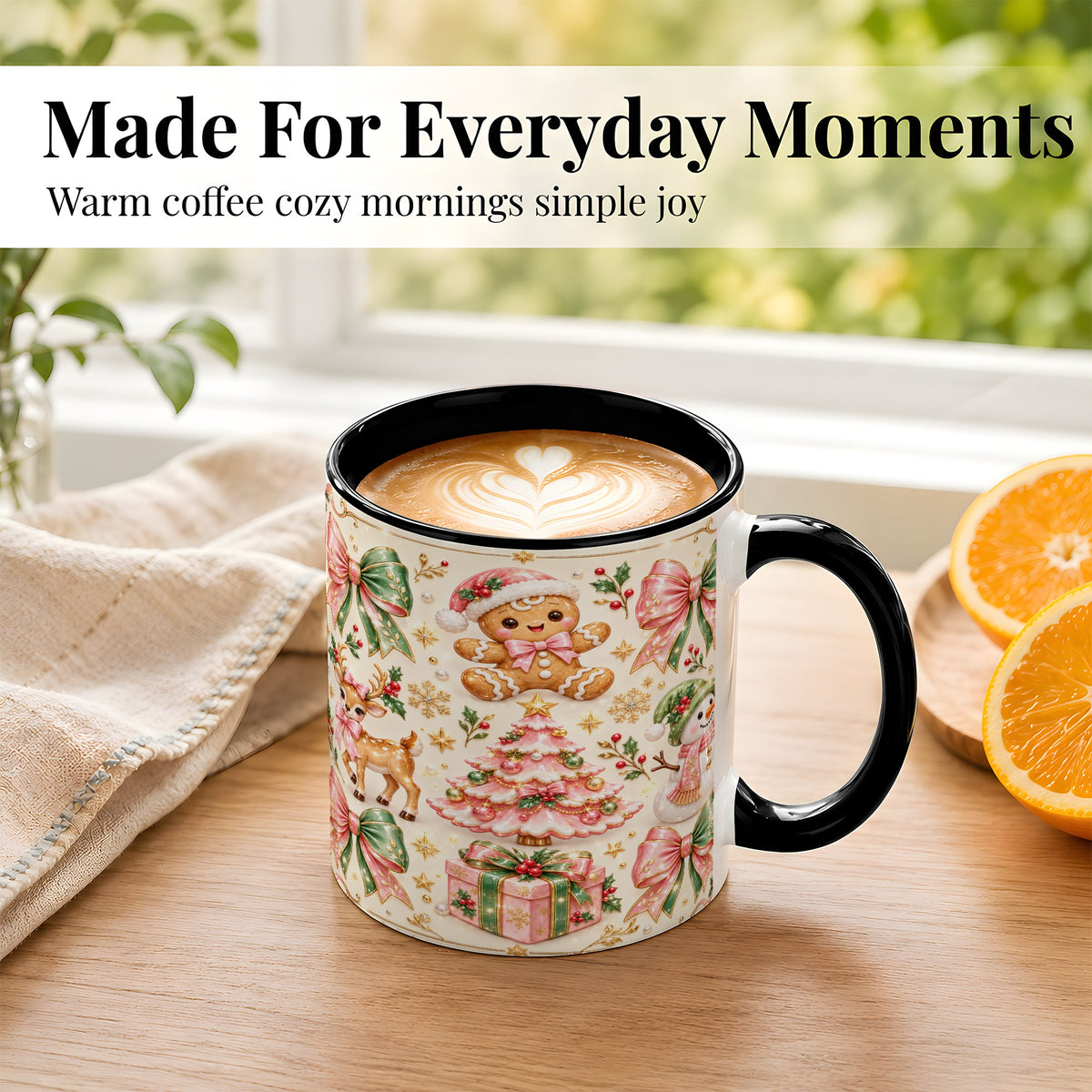 #pl[11oz|Black] Pink Christmas Coffee Mug, Festive Gingerbread Mug, Ceramic Cup