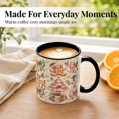 #pl[11oz|Black] Pink Christmas Coffee Mug, Festive Gingerbread Mug, Ceramic Cup