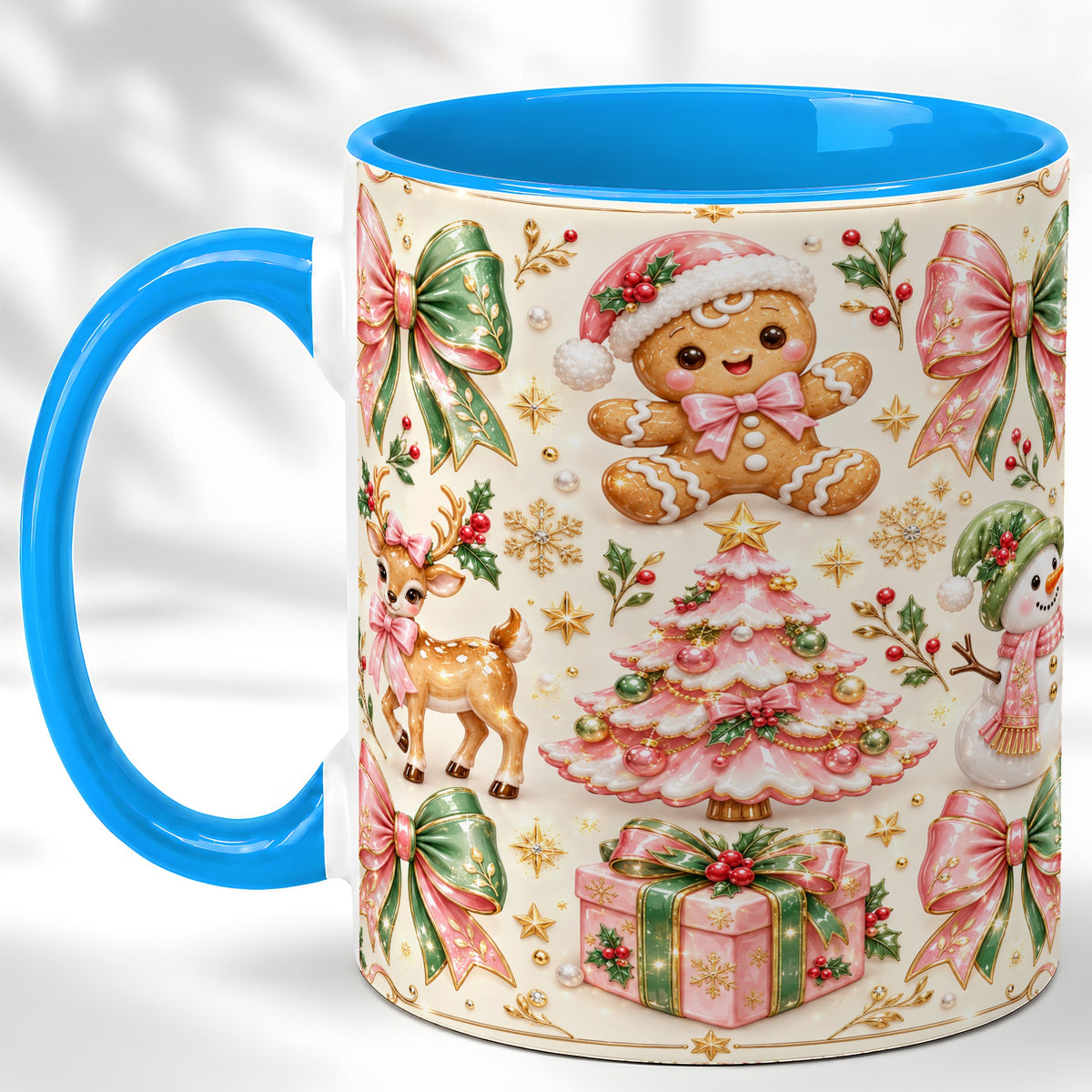 #pl[11oz|Blue] Pink Christmas Coffee Mug, Festive Gingerbread Mug, Ceramic Cup