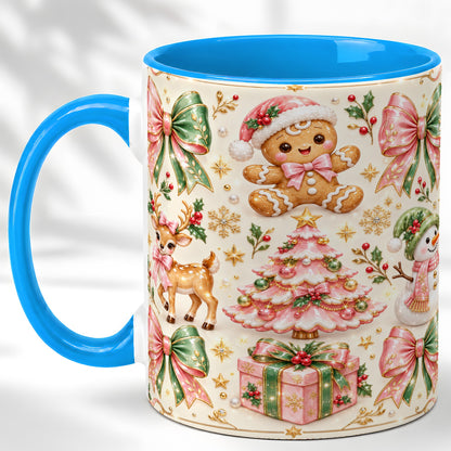 #pl[11oz|Blue] Pink Christmas Coffee Mug, Festive Gingerbread Mug, Ceramic Cup