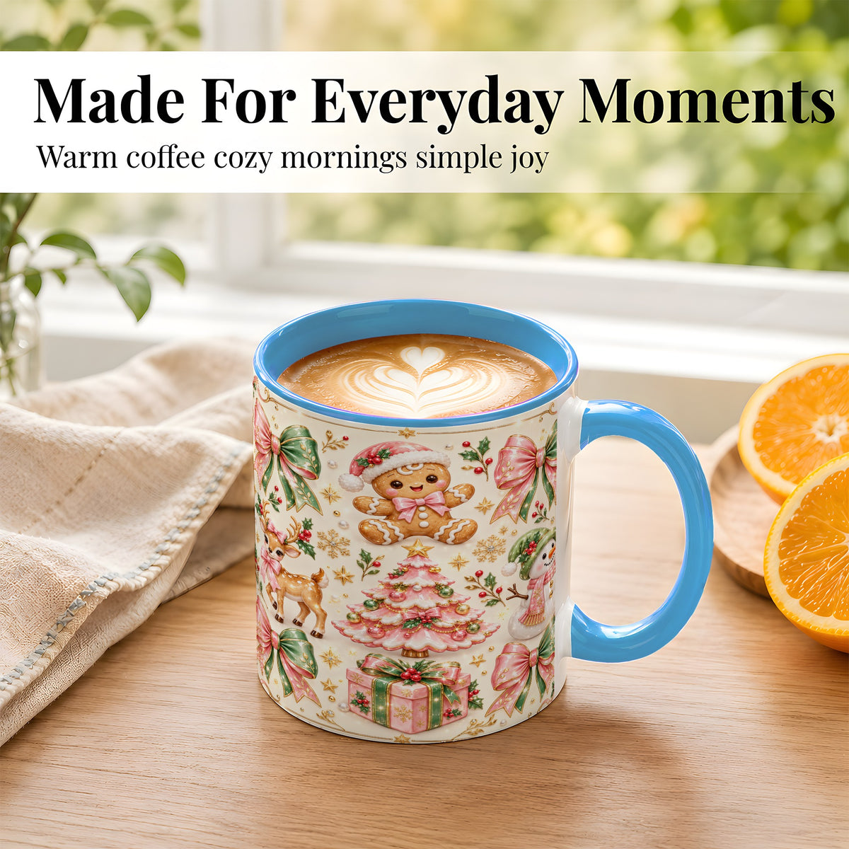 #pl[11oz|Blue] Pink Christmas Coffee Mug, Festive Gingerbread Mug, Ceramic Cup
