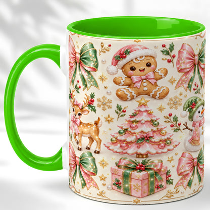 #pl[11oz|Green] Pink Christmas Coffee Mug, Festive Gingerbread Mug, Ceramic Cup