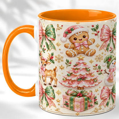 #pl[11oz|Orange] Pink Christmas Coffee Mug, Festive Gingerbread Mug, Ceramic Cup