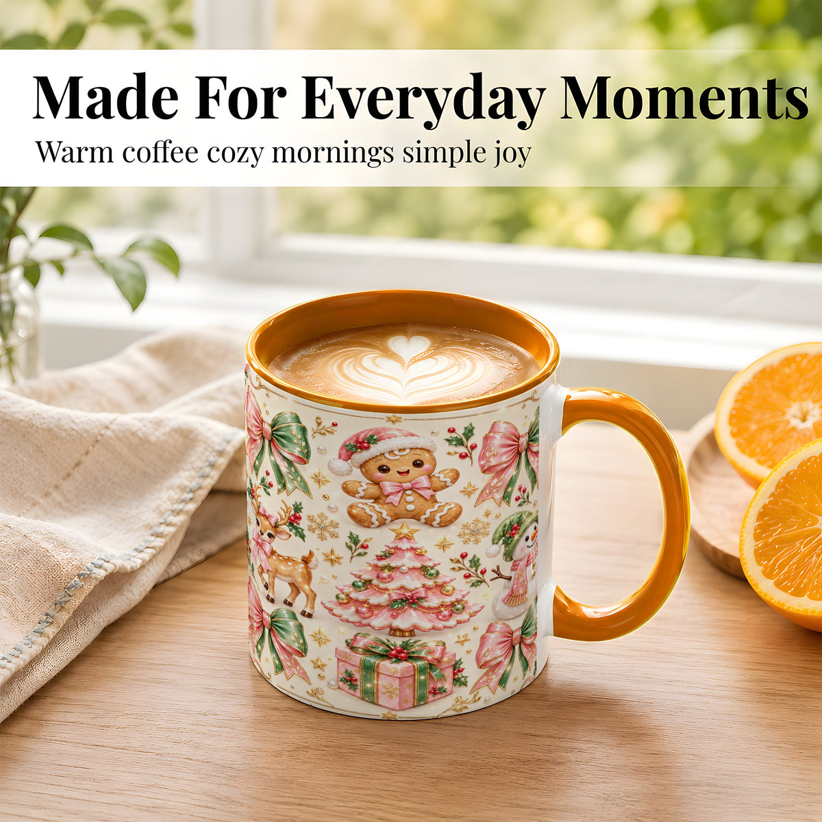 #pl[11oz|Orange] Pink Christmas Coffee Mug, Festive Gingerbread Mug, Ceramic Cup