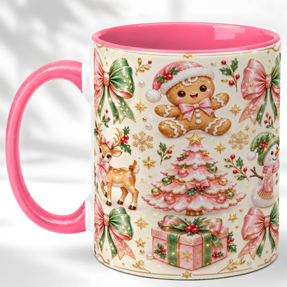 #pl[11oz|Pink] Pink Christmas Coffee Mug, Festive Gingerbread Mug, Ceramic Cup