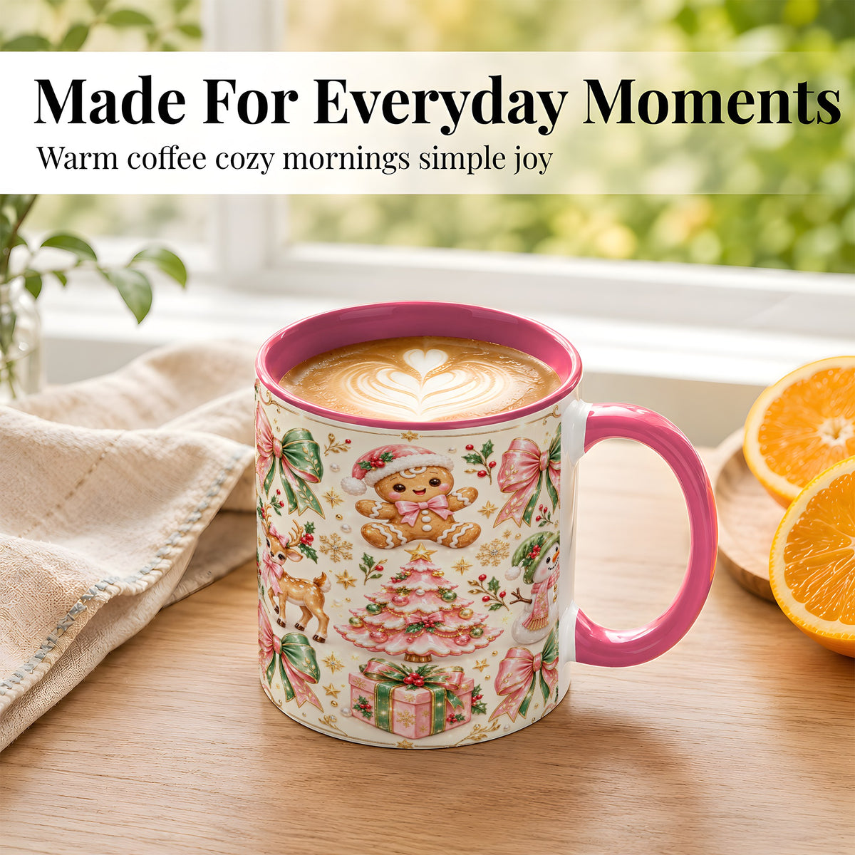#pl[11oz|Pink] Pink Christmas Coffee Mug, Festive Gingerbread Mug, Ceramic Cup